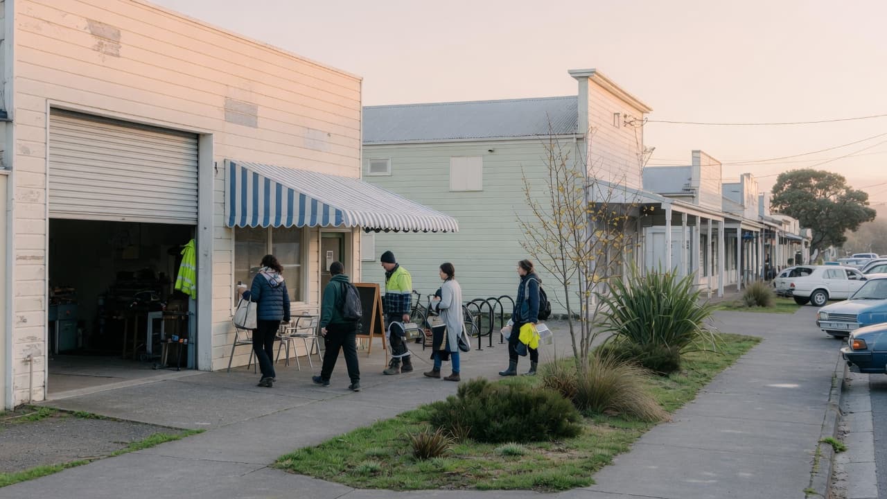 People arriving at workshops and shops on a regional New Zealand street